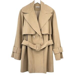 CARVEN Tan Brown Camel Beige Belted Double Breasted Short Trench Coat Jacket